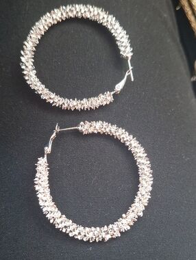 Crystal-Embellished Silver Hoop Earrings - Women Jewelry